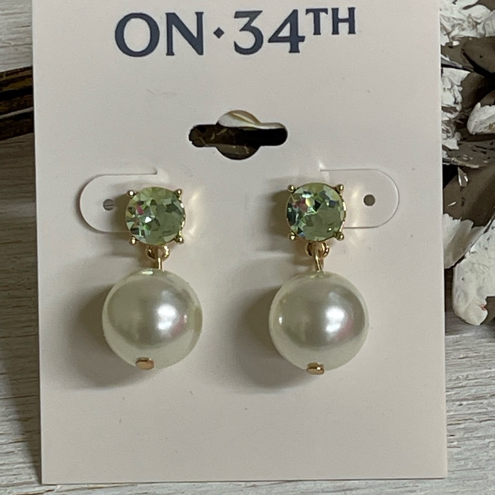 ON 34th Pearl and Light Green Earrings